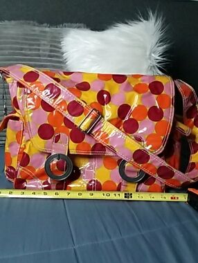 Large Kalencom Vibrant Polka Dot Crossbody Bag in Pink, Orange & Red